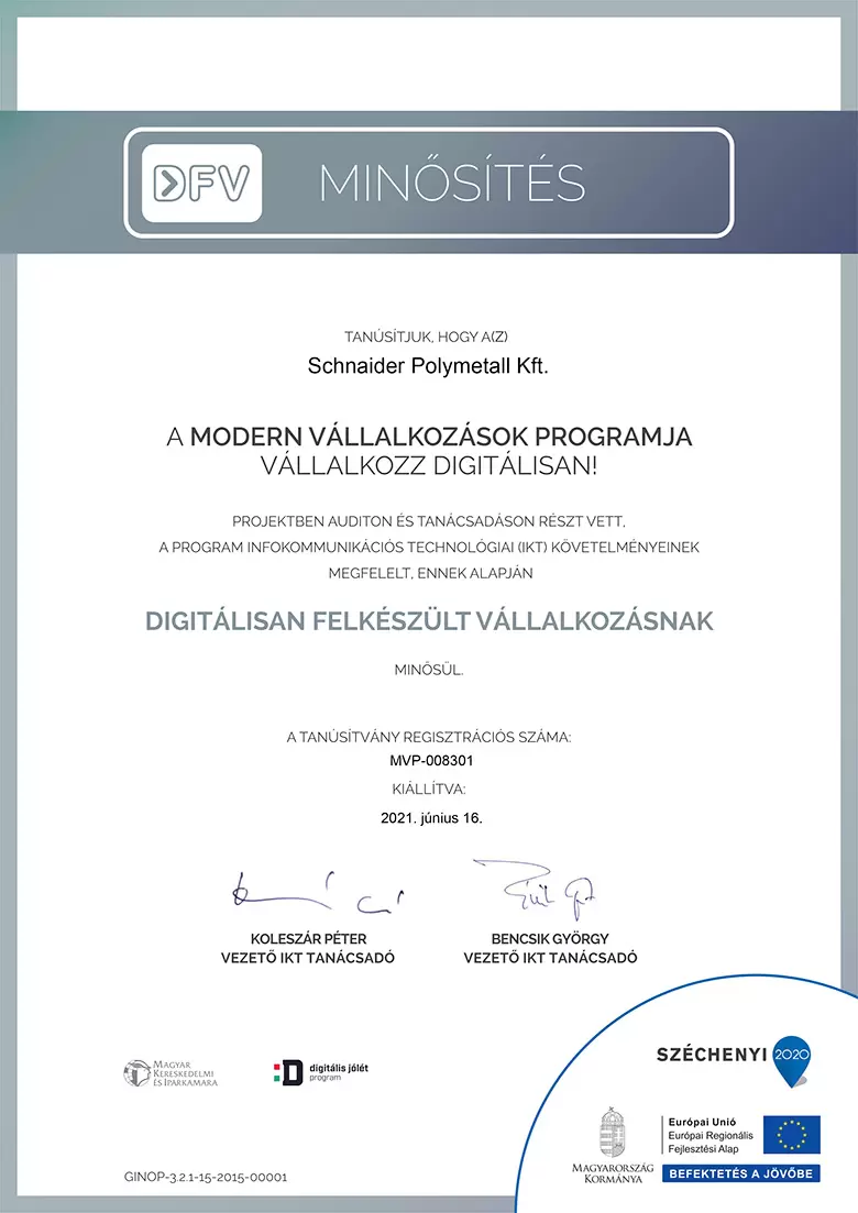 Schnaider Polymetall Digit&aacute;lisan felk&eacute;sz&uuml;lt v&aacute;llalkoz&aacute;s dokumentum